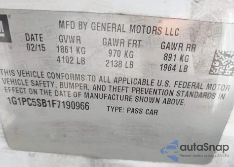 2015 Chevrolet Cruze 1Lt Auto из США, поврежденный, VIN 1G1PC5SB1F7190966